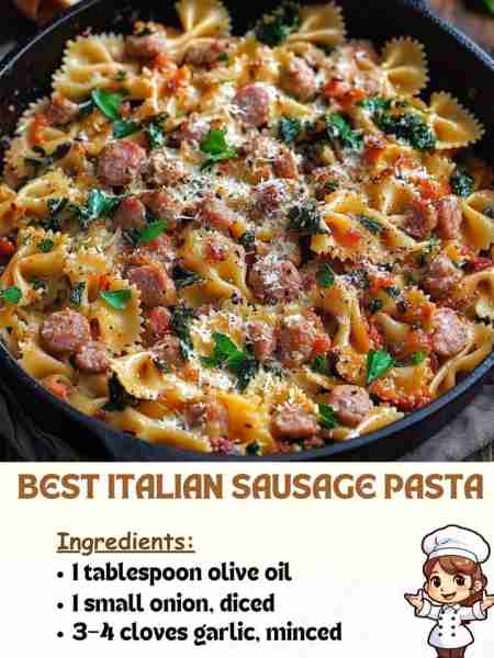 Best Italian Sausage Pasta Ingredients: 1 tablespoon olive oil 1 small onion, diced 3–4 cloves garli...