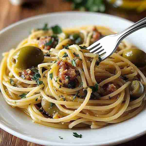 Olive & Sausage Spaghetti in Olive Oil 🍝 Simple, rustic, and packed with bold Mediterranean flavor...