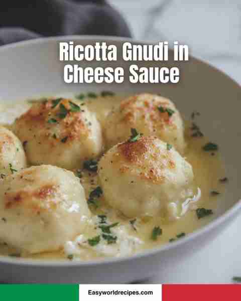 🧀 Ricotta Gnudi in Cheese Sauce 🇮🇹🍴 Light, pillowy dumplings smothered in creamy cheese sauce—comf...