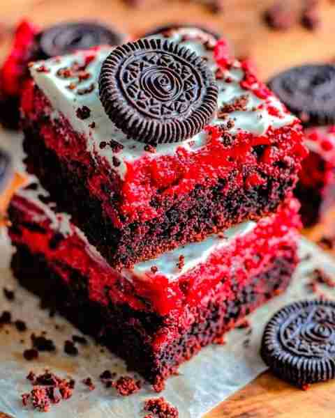 RED VELVET OREO BROWNIES Ingredients For the Brownie Base: ½ cup unsalted butter (melted) 1 cup gran...