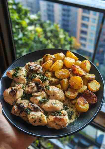 🌿🍄🐔 Garlic Mushroom Chicken Alfredo with Creamy Lemon Basil Pesto and Garlic-Roasted Crispy Potat...