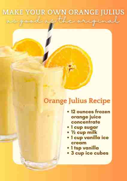 Make your own Orange Julius! ~~~~~~ INGREDIENTS: 12 ounces frozen orange juice concentrate 1 cup gra...