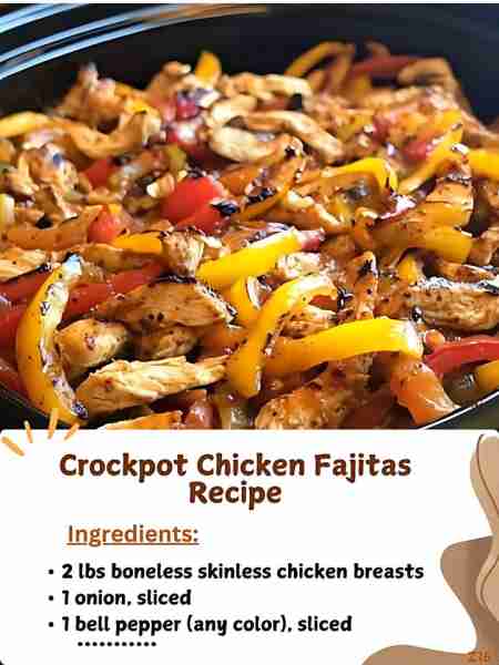 Crockpot Chicken Fajitas Recipe 🌮🍗 Ingredients: 2 lbs boneless skinless chicken breasts 🍗 1 onion...