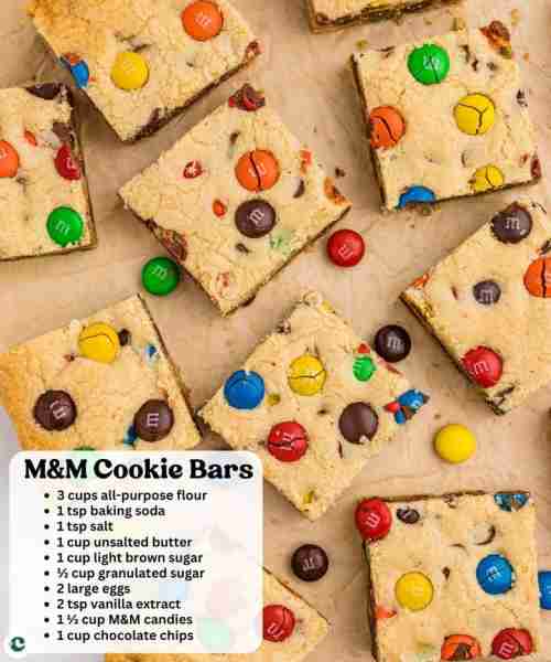 Soft & Chewy M&M Cookie Bars 🤎 3 cups all-purpose flour 🤎 1 tsp baking soda 🤎 1 tsp salt 🤎 1 cup...