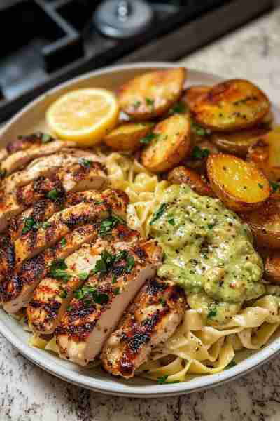 🍋🌿🐔 Greek Lemon Chicken Alfredo with Hot Honey Avocado Pesto and Crispy Garlic Roasted Potatoes—a...