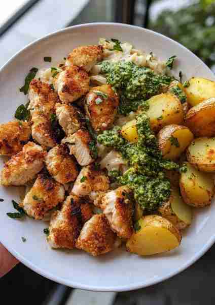 🍋🌿🐔 Creamy Lemon Garlic Chicken Alfredo with Truffle Pesto and Crispy Rosemary Potatoes—an elegan...