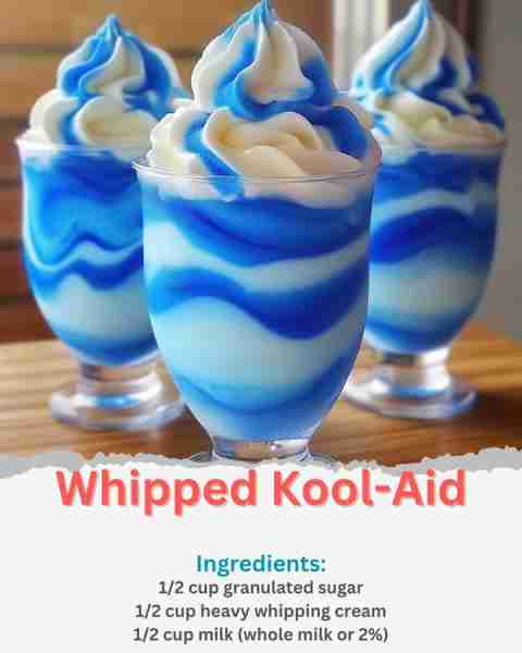 Whipped Kool-Aid Ingredients: 1 packet Kool-Aid (blue raspberry or your preferred flavor) 1/2 cup gr...