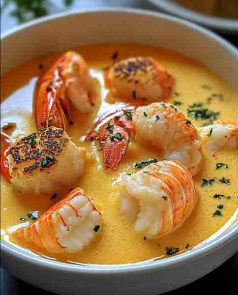 Seafood Bisque with Crab, Shrimp, and Lobster 🦀🦐🦞 Ingredients: 1/2 lb shrimp, peeled and deveined...