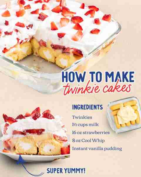 No bake Twinkie Cake! ~~ ingredients: 9 Twinkies, unwrapped 3.4 ounces instant vanilla pudding 1½ cu...