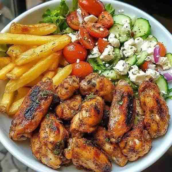 Ultimate Grilled Chicken Wings with Greek Salad & Crispy Fries 🍗🥗🍟 Prep Time: 20 minutes Cook Tim...