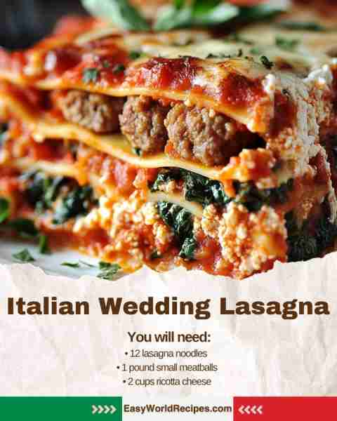 🇮🇹 Italian Wedding Lasagna (Lasagna with Meatballs) Layers of rich tomato sauce, creamy ricotta, min...