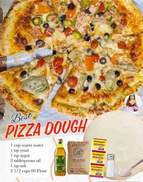 Best Homemade Pizza Dough Recipe: • 1 teaspoon yeast • 1 teaspoon sugar • 1 cup warm water • 2 1/2 c...
