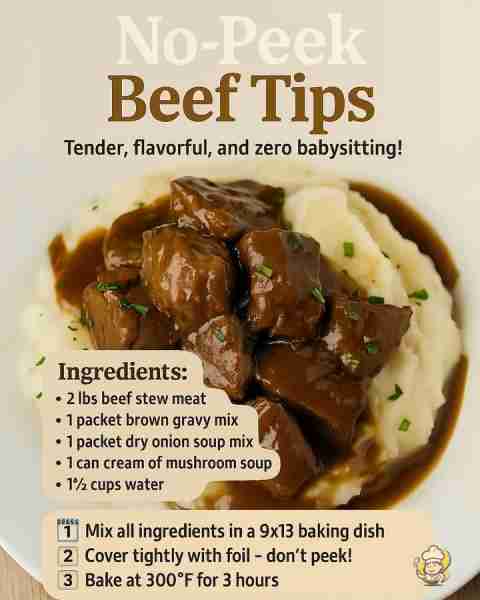No-Peek Beef Tips 🥩 are rich, hearty, and packed with flavor! 🍽️ 👉 Just mix stew meat, gravy, onio...