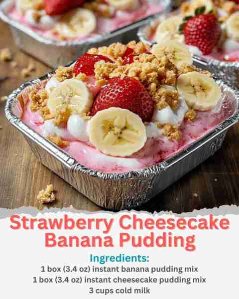 Strawberry Cheesecake Banana Pudding Ingredients: 1 box (3.4 oz) instant banana pudding mix 1 box (3...
