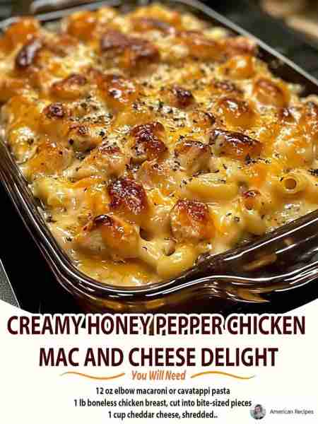 Creamy Honey Pepper Chicken Mac and Cheese Delight Ingredients: 12 oz elbow macaroni or cavatappi pa...