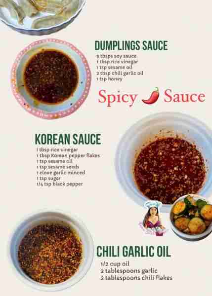 Homemade Spicy Sauces you can make in minutes 1. DUMPLINGS SAUCE 3 tbsps soy sauce 1 tbsp rice vine...