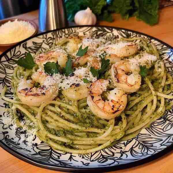 Pesto Spaghetti with Grilled Shrimp and Parmesan Ingredients: For the shrimp: 1 lb large shrimp, pee...