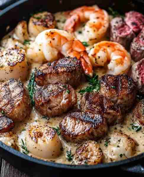 Creamy Garlic Parmesan Steak and Seafood Skillet Ingredients: 2 ribeye steaks (or your preferred cut...