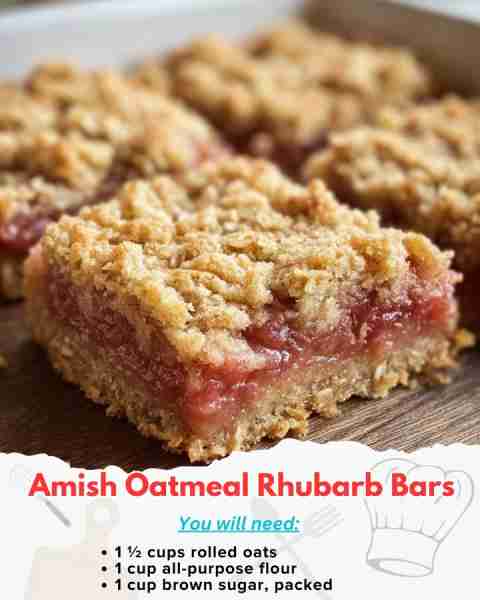 Amish Oatmeal Rhubarb Bars Ingredients: 1 ½ cups rolled oats 1 cup all-purpose flour 1 cup brown sug...