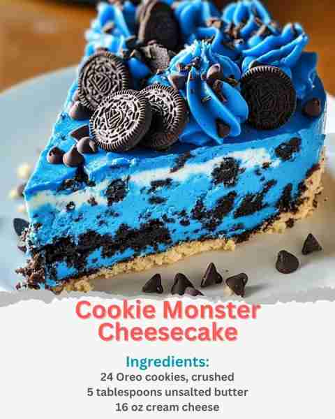 Cookie Monster Cheesecake Ingredients: 24 Oreo cookies, crushed 5 tablespoons unsalted butter, melte...