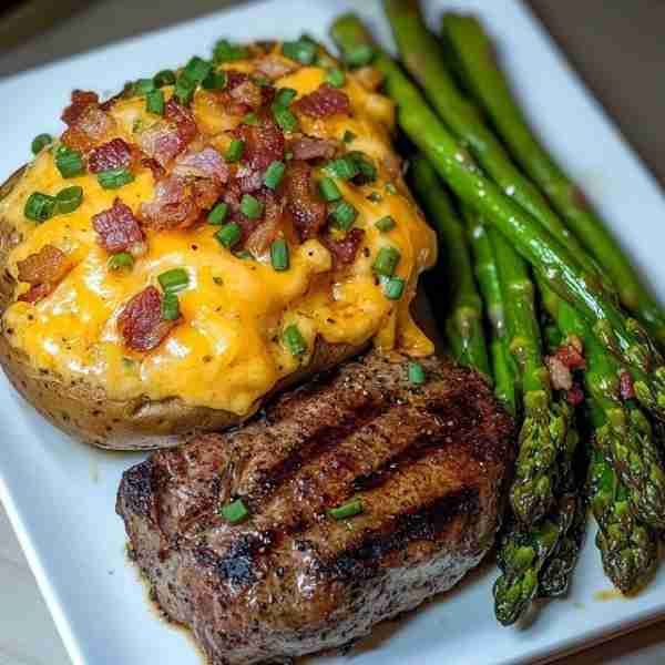 🥩 Grilled Filet Mignon with Loaded Twice-Baked Potato & Garlic Asparagus 🧀 Loaded Twice-Baked Pota...