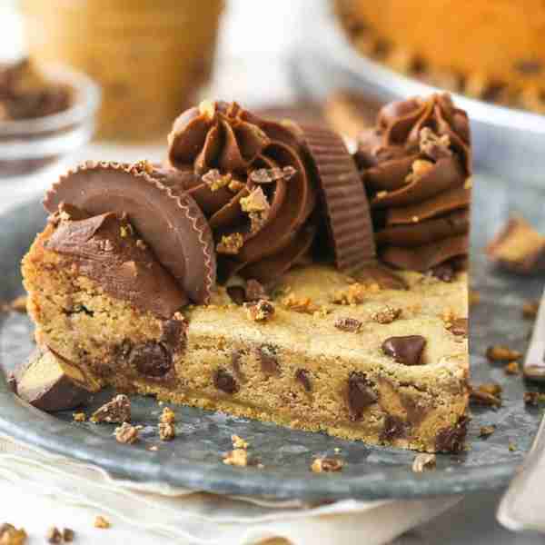 Peanut Butter Cookie Cake! A giant, moist, chewy peanut butter cookie stuffed with chocolate chips a...