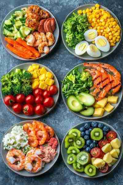 1. Chicken & Veggie Bowl 🍗🥒🥕🌶️ Grilled chicken Cucumber slices Carrot sticks Shrimp & sausage Pep...