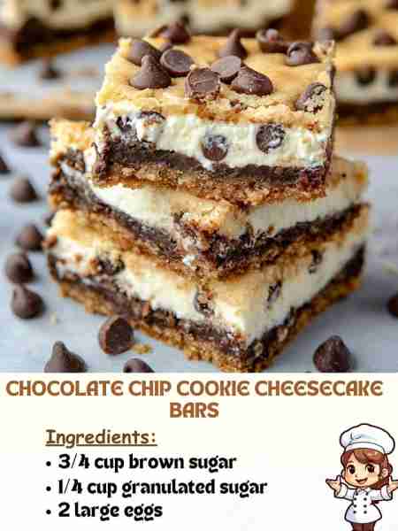 Chocolate Chip Cookie Cheesecake Bars Ingredients: 3/4 cup brown sugar 1/4 cup granulated sugar 2 la...