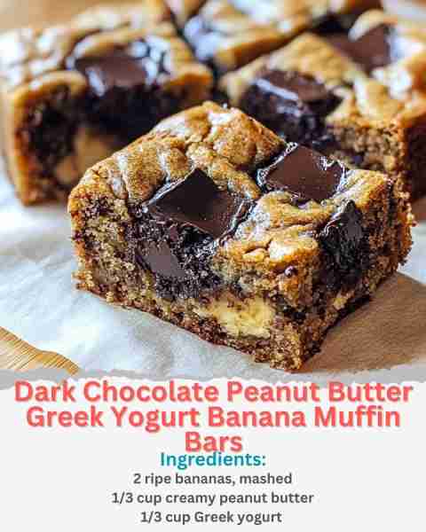 Dark Chocolate Peanut Butter Greek Yogurt Banana Muffin Bars Ingredients: 2 ripe bananas, mashed 1/3...