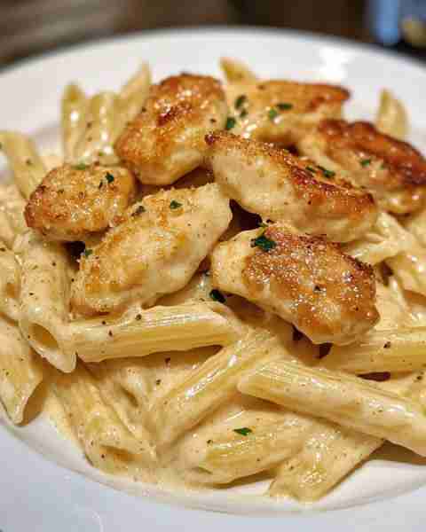 Creamy Parmesan Penne with Garlic Chicken Bites Ingredients: 1 lb boneless, skinless chicken breasts...