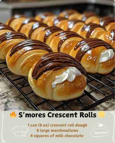 🔥 S’mores Crescent Rolls 🌕 Ingredients: 1 can (8 oz) crescent roll dough 8 large marshmallows 4 sq...