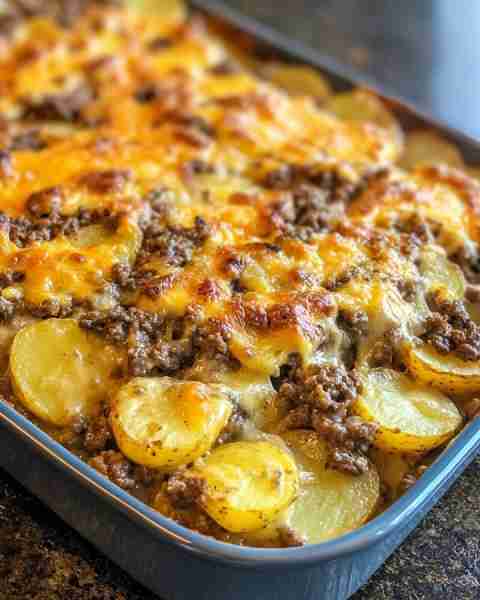 Cheesy Ground Beef & Potato Bake – A Creamy Oven Comfort Dish Ingredients: 5 small potatoes, peeled...