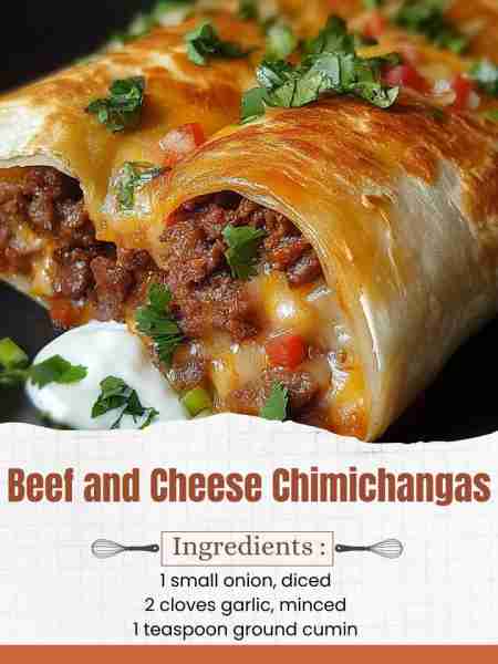 Beef and Cheese Chimichangas Ingredients: 1 pound ground beef 1 small onion, diced 2 cloves garlic,...