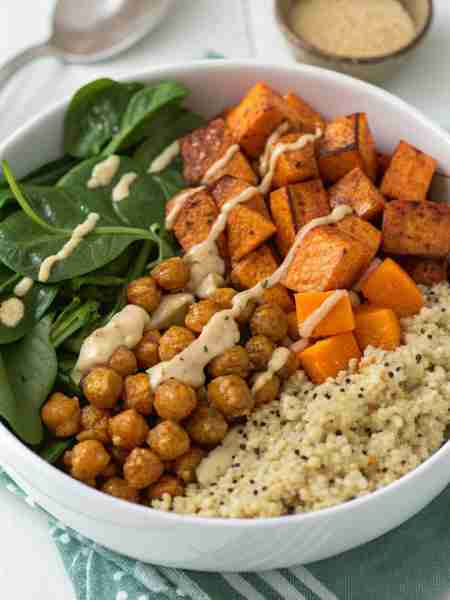 Sweet Potato Chickpea Power Bowl Ingredients: 1 cup cooked couscous or quinoa 1 cup roasted sweet po...
