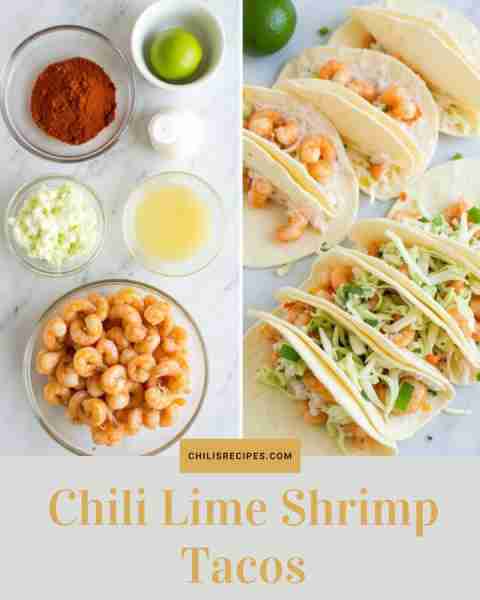 Chili Lime Shrimp Tacos Ingredients: Shrimp, chili powder, lime juice, tortillas, cabbage slaw Metho...