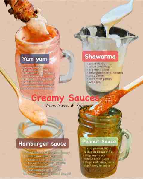 Homemade Creamy Sauce Recipes Yum yum sauce 1 cup mayonnaise 3 tablespoons ketchup 1 tablespoon sri...