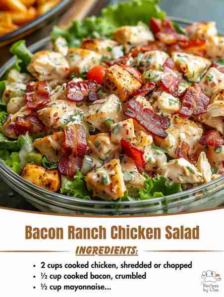 🥓🥗 Bacon Ranch Chicken Salad – Creamy, Crunchy, and Full of Flavor 🛒 Ingredients: • 2 cups cooked...