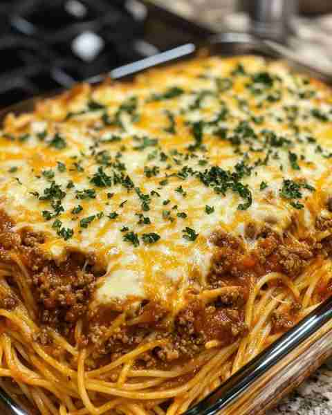 Creamy Baked Spaghetti Casserole with Layers of Cheese & Beef Ingredients: 1 lb ground beef 1 jar (2...