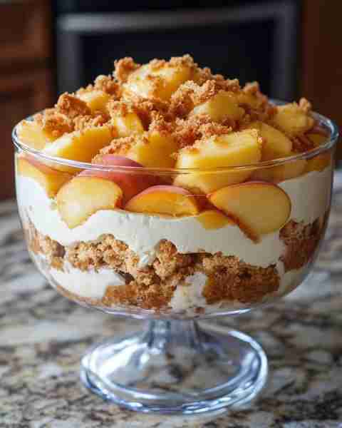 Peach Crisp Trifle. Ingredients: For the base: 1 box vanilla or yellow cake mix (or homemade sponge...