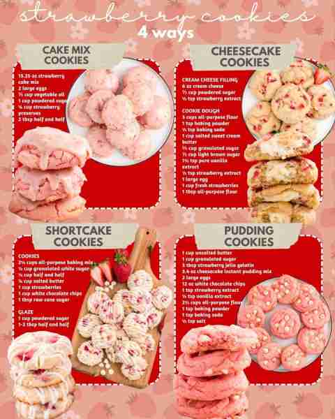 STRAWBERRY COOKIES 4 WAYS! STRAWBERRY CAKE MIX COOKIES: 15.25 oz strawberry cake mix 2 large eggs ⅓...