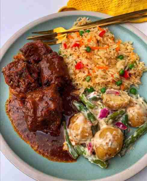 A Perfectly Balanced Meal: Braised Beef Stew, Vegetable Fried Rice, and Creamy Potato Salad Recipe i...