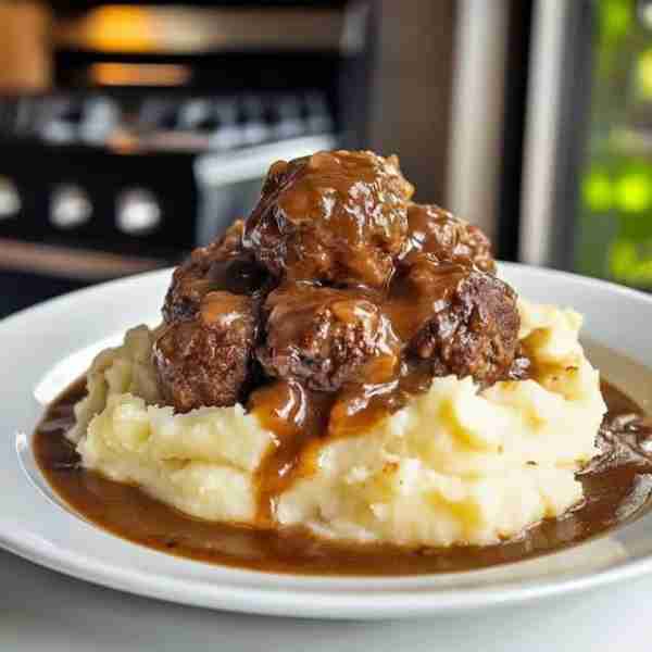 Meatballs with Gravy over Mashed Potatoes 🍖🍽️ Ingredients: For the Meatballs: 1 lb ground beef 1 eg...