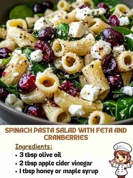 Spinach Pasta Salad with Feta and Cranberries Ingredients: 3 tbsp olive oil 2 tbsp apple cider vineg...