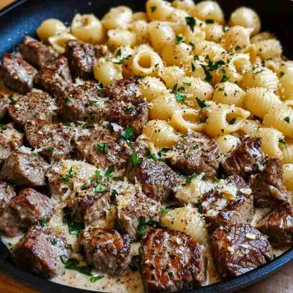 Garlic Butter Steak Bites & Creamy Parmesan Shells 🍖🧄🍝🧀🌿 Indulge in this delightful and creamy...