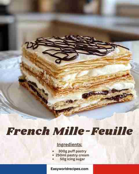 🇫🇷 Delicate Mille-Feuille (Napoleon) 🍰 Crisp layers of puff pastry and luscious pastry cream topped...
