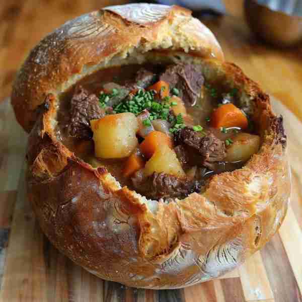 Beef stew in a bread bowl