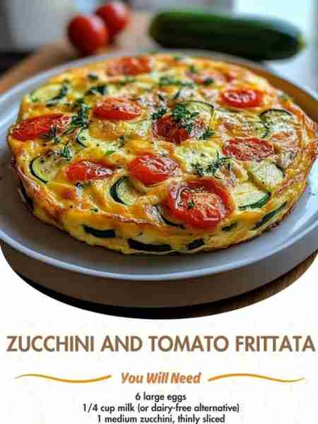 Zucchini and Tomato Frittata Ingredients: 6 large eggs 1/4 cup milk (or dairy-free alternative) 1 me...