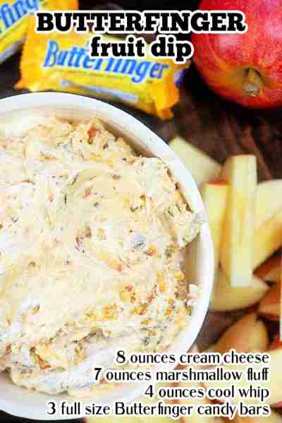 Recipe: https://www.bunsinmyoven.com/butterfinger-fruit-dip/ Marshmallow fruit dip mixed up with But...