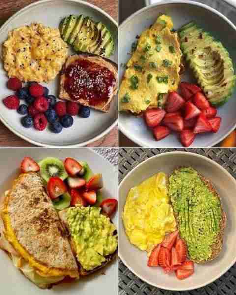 Scrambled Eggs & Avocado Plate 🍳🥑🍞🍓🫐 Fluffy scrambled eggs Sliced avocado with chili flakes Toa...