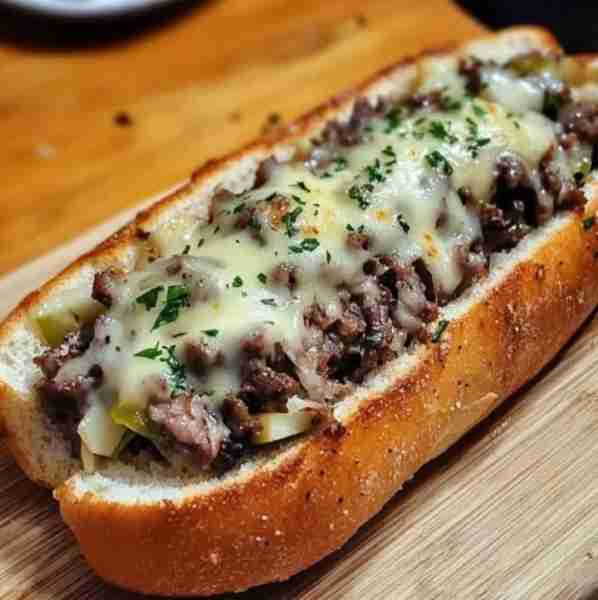 Cheesy Philly Steak Sub 🧀🥖 Ingredients: 1 hoagie roll 1/2 lb thinly sliced ribeye or ground beef 1...